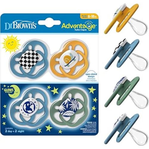 Dr. Brown's Advantage Glow-in-the-Dark Baby Pacifier, Fully Symmetrical Soother with Soft Silicone Bulb, Skateboard Snail-Blue Nature, 6-18m, BPA Free, 4 Pack