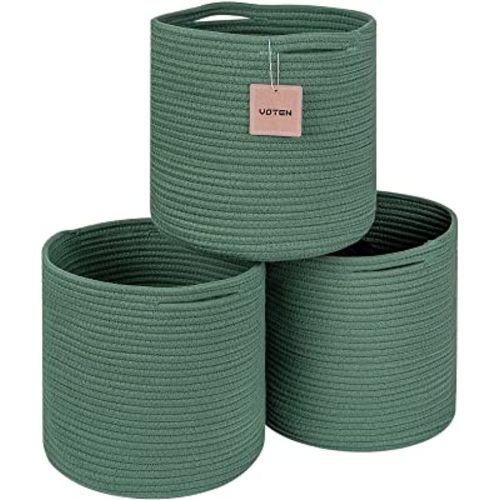voten Storage Cubes Baskets Bins Organizer 11x11x11'' Fit 12x12''Cube Storage Organizer Bookcases Shelf,Durable Woven Cotton Storage Basket for Organizing,Round 3Pack Green