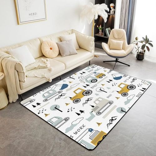 jejeloiu Construction Area Rug,Cartoon Equipment Trucks Decorative Carpet,Car Excavator Tractor Vehicles White Indoor Floor Mat,4x5