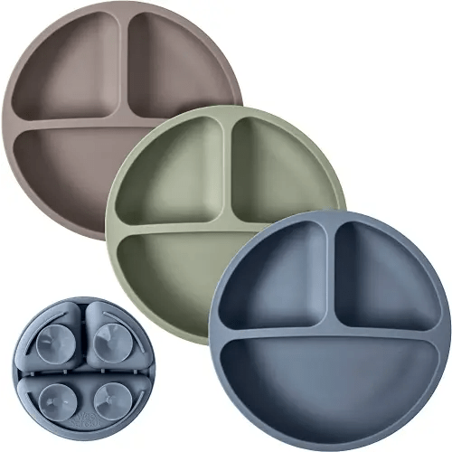 WeeSprout Suction Plates for Babies & Toddlers - 100% Silicone, Plates Stay Put with Suction Feature, Divided Design for Picky Eaters, Microwave & Dishwasher Friendly, 3 Pack