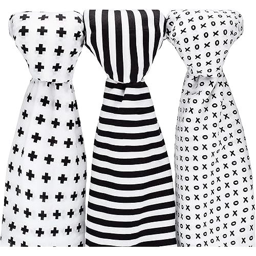 Muslin Baby Swaddle Blankets, 47x47 (3 Pack) Black, White, XO, Stripe, Cross
