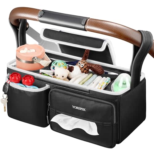 YOREPEK Spacious Stroller Caddy Fits for UPPAbaby Vista/Minu/Cruz, Adjustable Stroller Organizer with 2 Insulated Cup Holders, Easy-clean Stroller Bag for Travel, Walks, Accessories, Baby Essentials