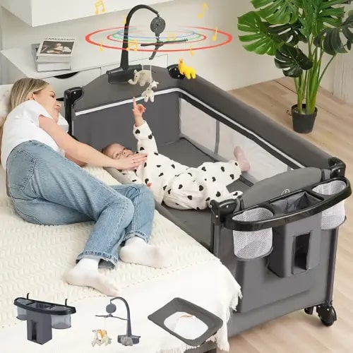MEICHYUN 5 in 1 Baby Bassinet Bedside Sleeper, Pack and Play Bassinet with Diaper Changer/Mattress/Music, Bedside Crib with Storage, Playard with Bassinet from Newborn to Toddler(Grey)