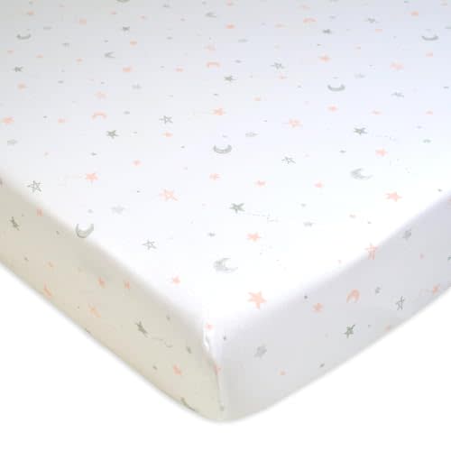 American Baby Company 100% Natural Cotton Fitted Crib Sheet 52" x 28" - Soft, Breathable, Hypoallergenic & Gentle Toddler Bed Sheet, Pink Stars and Moons, Neutral for Boys & Girls