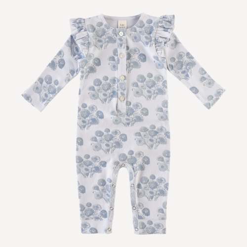 long sleeve ruffle arm union sport jumpsuit | fog blue dahlia | organic cotton interlock