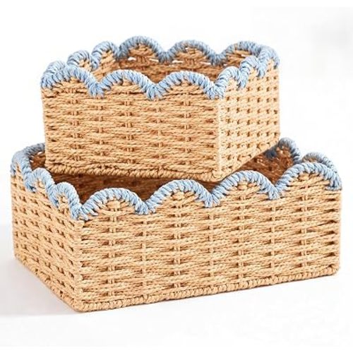 2 Pack Scalloped Wicker Baskets Hand-woven Basket, Blue