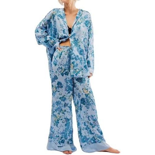 XBTCLXEBCO Silk Satin Pajamas Set Women Floral Print Long Sleeve Button Down Shirt Wide Leg Pants Y2K 2 Piece Pjs Lounge Set