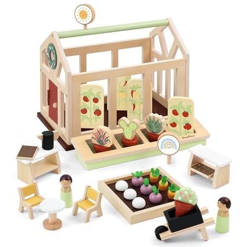 PairPear Dollhouse Furnitures Flower Garden Toy Greenhouse Playset,Toddlers Wooden Toys Dollhouse Garden Toys,Pretend Play Food Set for Girls Boys 3 Years and Up