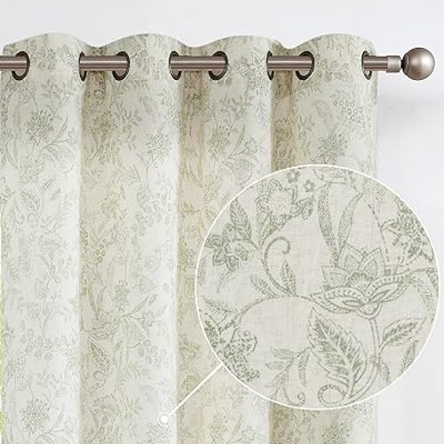 Lazzzy Linen Farmhouse Curtains for Living Room 84 Inch Length Floral Print Window Curtains Semi Sheer Drapes for Bedroom Country Light Filtering Curtain Grommet Top 2 Panels Green on Beige