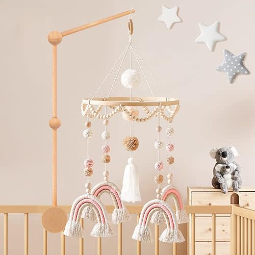 Mobile for Crib,Boho Baby Handmade Rainbow Mobile,Neutral Crib Mobile,Macrame Kids Room Nursery Decor,Newborn First Gift Multi-Color Rainbow-pale pink
