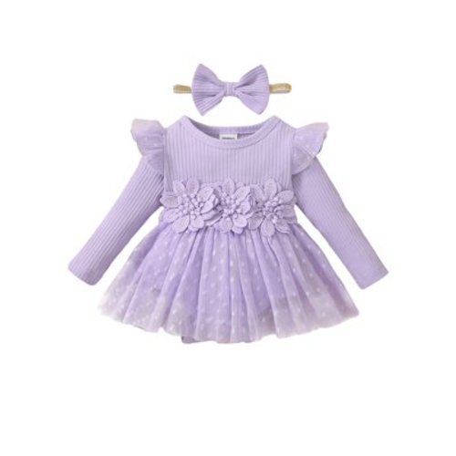 KIMI BEAR Newborn Baby Girls Dress 0-3 Months Fall Winter Warm Clothes Solid Color Ruffle Long Sleeves Romper Dress Flower Front Tulle Princess Dress with Headband Purple