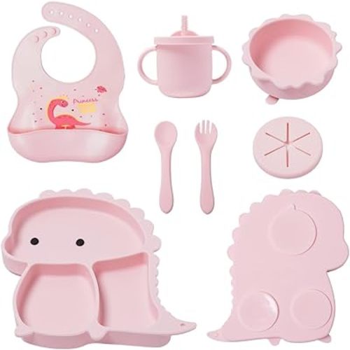 Silicone Baby Feeding Set, Baby Led Weaning Supplies, Eating Essentials Utensils with Suction Plate and Bowl, Pocket Bib, Sippy Cup with Lid, Forks Spoons Snack Container (Light Pink) 6M+