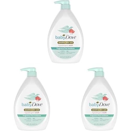 Baby Dove Sensitive Skin Care Baby Wash Fragrance Free Moisture For Baby Bath Time Fragrance Free and Hypoallergenic, Washes Away Bacteria 34 oz (Pack of 3)