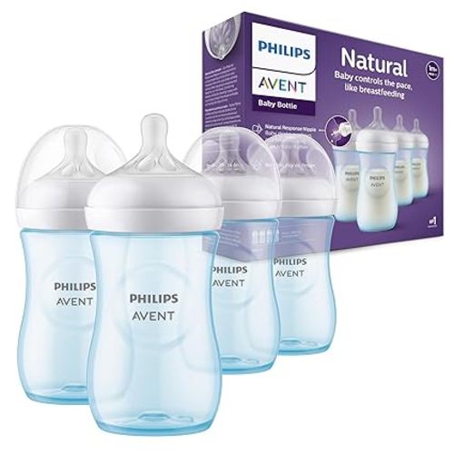 Philips Avent Natural Baby Bottles with Natural Response Nipples (Medium Flow, Flow 3), 9oz, Blue, 4-Pack, SCY903/24