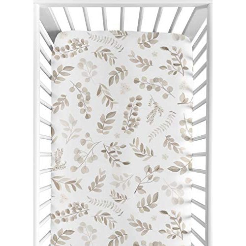 Sweet Jojo Designs Floral Leaf Boy or Girl Fitted Crib Sheet Baby or Toddler Bed Nursery - Gender Neutral Beige Taupe White Gender Neutral Boho Watercolor Botanical Flower Woodland Tropical Garden