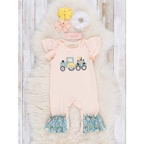 Peach Embroidered Cow Train Ruffle Romper
