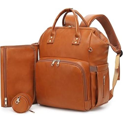 Premium Vegan Leather Diaper Bag Backpack with Waterproof Changing Pad – Reinforced Stitching & Zippers, Baby Bag for Boy Girl, Stroller Straps, Ergonomic Design for Traveling Moms, Brown