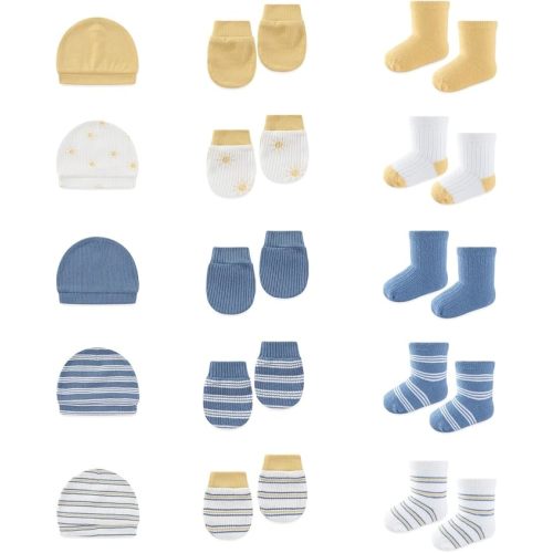15 Pack Infant Hats Gloves Socks Unisex Baby Boy Girl Accessories Set Cotton New Born Caps Mittens