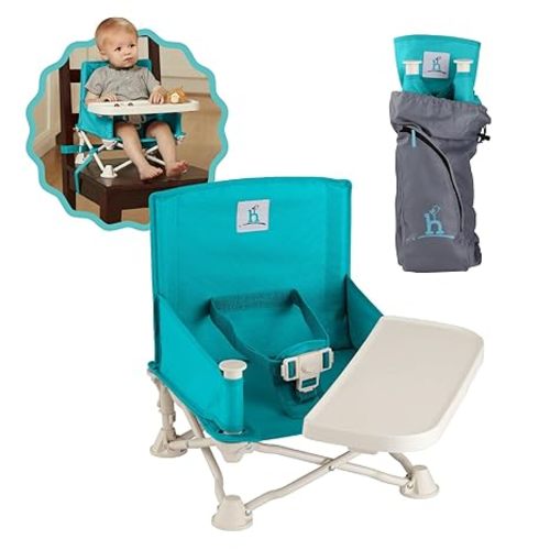 Hiccapop OmniBoost Travel Booster Seat with Tray for Baby | Folding Portable Seat for Dining Table, Camping, Beach, Grandma’s | Tip-Free Design Straps to Kitchen Chairs
