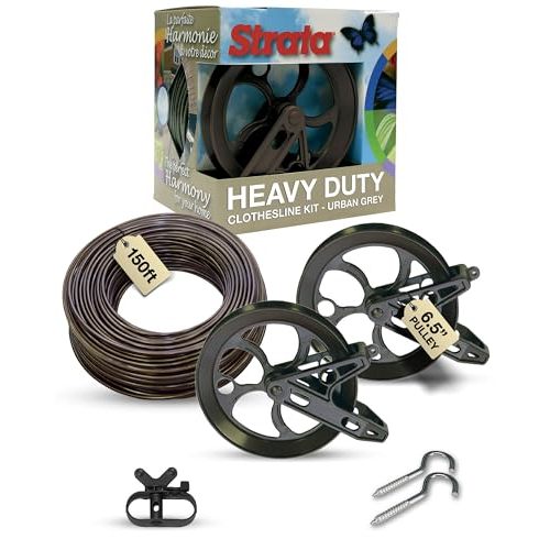 Strata Aged Bronze Harmony Clothesline Outdoor Heavy Duty Kit - 150 Feet Galvanized Wire PVC Coating, 6.5" Aged Bronze Clothesline Pulley 2pcs, Metal Mini Winch Tightener 1pc & 2 Metal Hooks