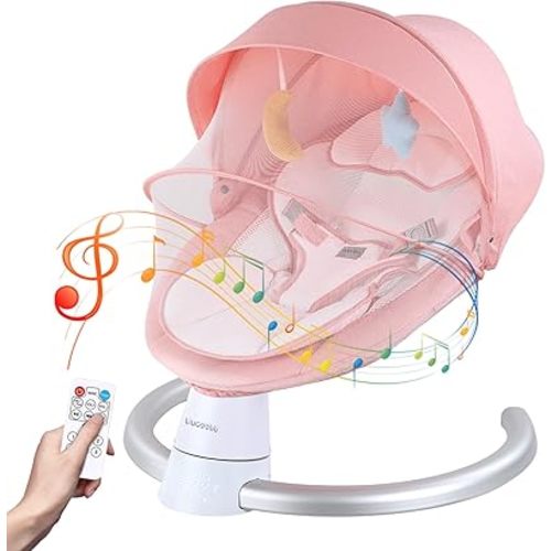 Baby Swing for Infants, Portable Electric Baby Rocker Bluetooth Support with 5 Swing Speed 10 Lullabies, Remote Control/Touch Panel - Infant Swing for Indoor and Outdoor Use, Pink