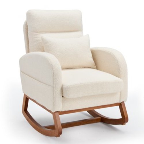 PXZEE Nursery Rocking Chair, Upholstered Glider Rocking Chair for Baby, Accent Chair with High Backrest, Lumbar Pillow, Teddy, Home Office, Bedroom