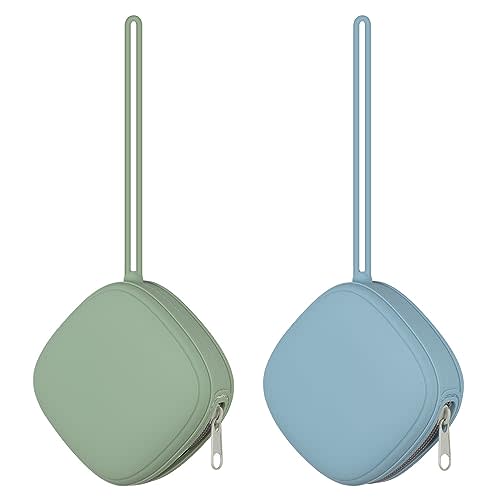 Swelive 2 Pack Silicone Pacifier Holder Case, Portable Silicone Pacifier Case For Diaper Bag, BPA Free Newborn Baby Pacifiers Silicone Pouch For Boys & Girls (Sage+Ether)