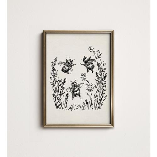 Woodland Nursery Bumble Bee Art Sketch, Neutral Cottagecore Kids Room Wall Decor Digital PRINTABLE Download Wall Art, North Prints SK1-128