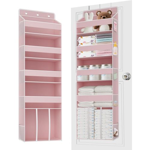 1 PC Over the Door Diaper Organizer with 1 Large Capacity Caddy, 4 Shelf & 10 Mesh Side Pockets, Baby Stuff Hanging Caddy Storage and Newborn Essentials Closet Organizer for Nursery, Bedroom