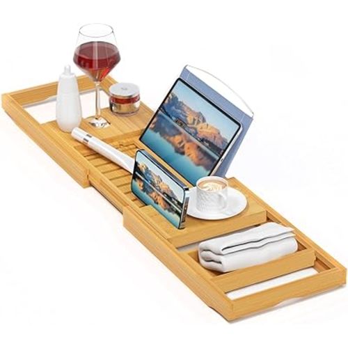 Luxury Bathtub Caddy Tray,Bamboo Bathtub Tray Caddy - Wood Bath Tray Expandable,Can be Placed Book and Integrated Tablet Smartphone and Wine Holder - Gift Idea for Loved Ones