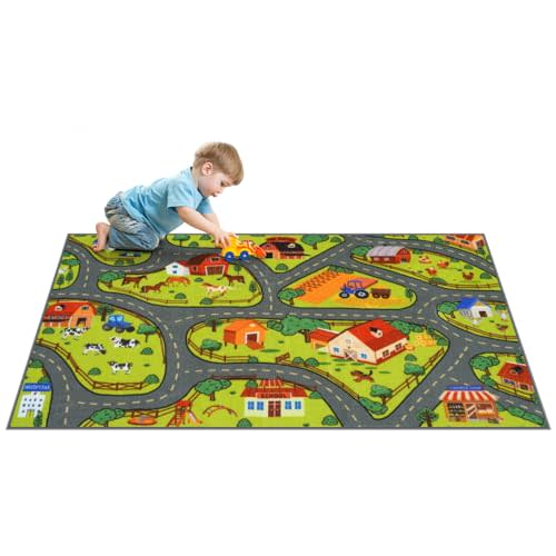 STARUIA 60" x 32" Washable Kids Rug for Playroom, Boys Baby Car Rugs for Kids Toy Cars Have Fun Safely, Educational Farm Road Play Rug Race Track Carpets for Kids Room Bedroom
