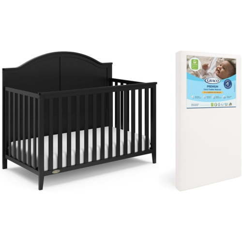 Graco Wilfred 5-in-1 Convertible Crib and Premium Crib & Toddler Mattress Bundle, Black