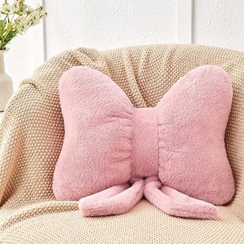 Dusty Pink Bow Pillow,12'' Bow Decorative Pillows with Faux Rabbit Fur,Soft Bow Throw Pillows Aesthetic Bow Shaped Pillow for Bed Sofa Couch Home Decor