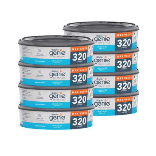 Diaper Genie Essentials Round Refill 8-Pack | Holds Up to 2560 Newborn Diapers | Features Unscented Continuous Film | Compatible with Diaper Genie Complete and Expressions Pails,8 Count (Pack of 1)