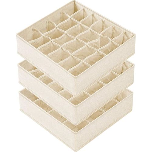 Criusia 3 Pack Sock Underwear Drawer Organizer Dividers, 64 Cell Fabric Foldable Cabinet Dresser Closet Organizers and Storage Boxes for Organizing Socks, Underwear, Ties (16+24+24 Cell, Beige)