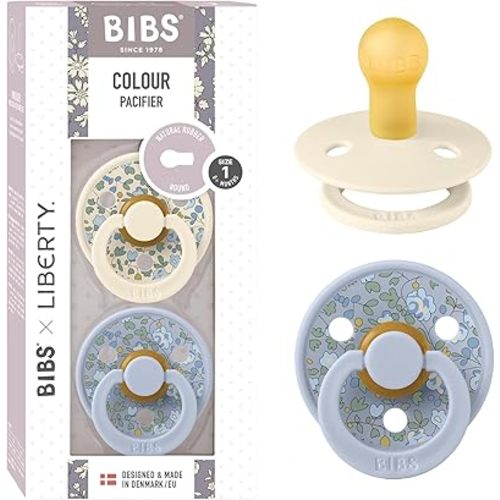 BIBS Liberty Pacifier | 2 Colour Natural Rubber Latex Soothers | BPA Free Dummy Pacifier | Round Nipple | Designed & Made in Denmark | Eloise Dusty Blue