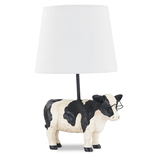 Cow Wearing Glasses Corded Table Lamp – Distressed Faux Taxidermy – Resin & Metal Animal Lamp – Country Western Themed Party Decorations – Farmhouse Style Decor for Home, Office Desk & More