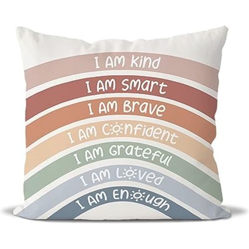 QIYUHOY Kids Classroom Reading Corner Rainbow Throw Pillow Covers 18x18, Positive Affirmations Pillow Case Decor for Calming Corner Cozy Corner Nursery Toddler Room Playroom