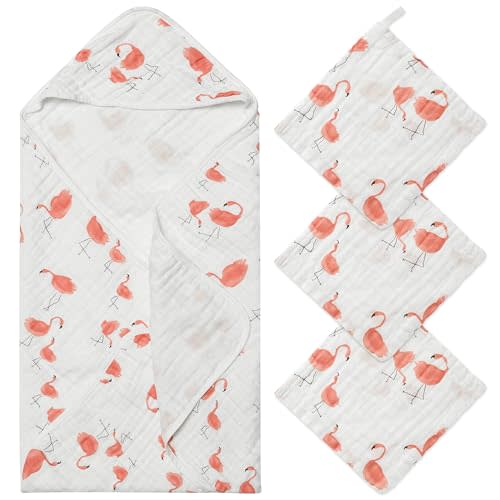 2ooya 4Pcs Muslin Baby Hooded Towel & Washcloth Set Pink Flamingos Cotton Absorbent Bath Towels Blanket with Hood Newborn Toddlers Infant Boys Girls Shower Gift for Baby Cleanups and Bathing
