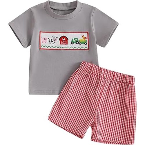 Kuriozud Baby Girl Boy Summer Clothes Short Sleeve Tops Embroidery Tee Pattern Tshirt+Vintage Plaid Short Pants Set