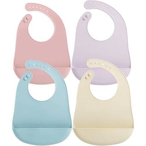 PandaEar 4 Pack Ultra Thin Silicone Baby Bibs - Cloud-Soft & Lightweight Waterproof Feeding Bibs with Large Food Catcher Pocket - Easy Clean, Adjustable for Babies & Toddlers (Macaron Pastel Colors)