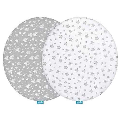 Bassinet Sheets Compatible with Fisher-Price On-The-Go Baby Dome, 2 Pack, 100% Jersey Knit Cotton Fitted Sheets, Breathable and Heavenly Soft, Grey Hearts and White Stars Print for Baby