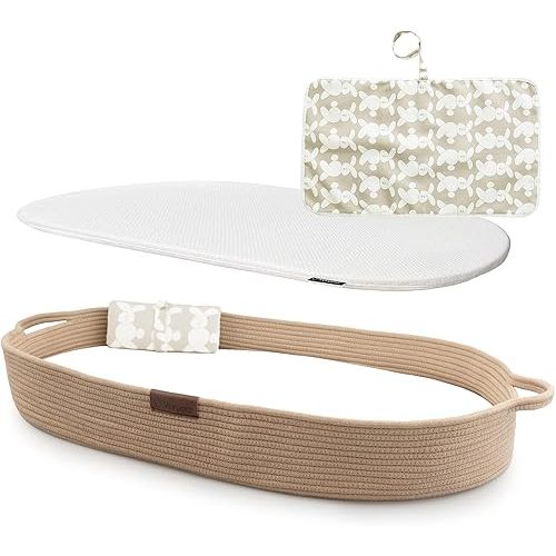 XL Reinforced Baby Changing Basket with Extra Travel Diaper pad, Foldable Baby Changing Pad with Water Repellent Cover, Cotton Rope Baby Basket, Changing Table Topper for Dresser (Brown)