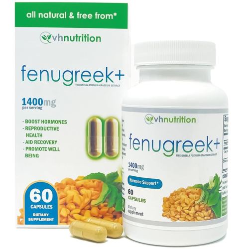 VH Nutrition Fenugreek+ | 1400mg Extra Strength Fenugreek Capsules | Hormonal Balance and Energy Support Supplement for Men & Women | 60 Gluten-Free Capsules