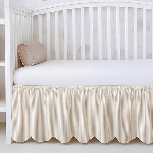 Mindsoft Beige Scallop Edge Cotton Crib Skirt Ticking Strip Farmhouse Chic Nursery Bed Skirt Gender Neutral for Baby Boys Girls Fits Standard Cribs Toddler Beds, 52" x 28" x 16" Drop