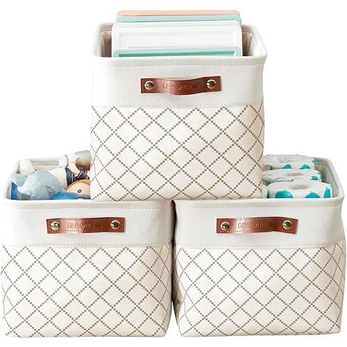 DECOMOMO Storage Bins, Fabric Storage Baskets for Shelves and Closet Organization (Beige Check, Large - 3 Pack)