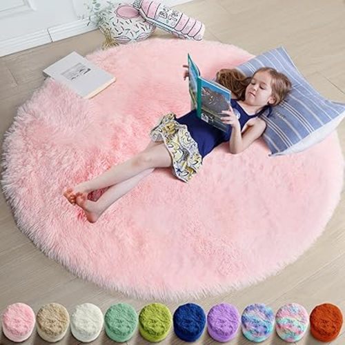 Amdrebio Light Pink Small Round Rug 3Ft for Girls Bedroom, Fluffy Circle Area Rugs for Kids Room Decor Aesthetic, Cute Shag Fuzzy Carpet for Nursery, Preppy Dorm, Classroom, Playroom, Teen, Baby