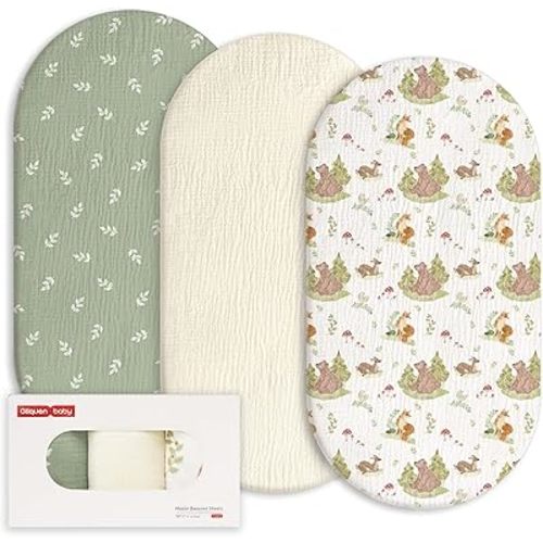 Gllquen Baby Muslin Bassinet Sheets 3 Pack, Breathable Cozy Cotton Fitted Bassinet Mattress Sheet for Baby Boy Girls, Fit for Hourglass Oval Rectangular Cradle Pad Sheets 33"x17"(Fern & Woodland Pals)