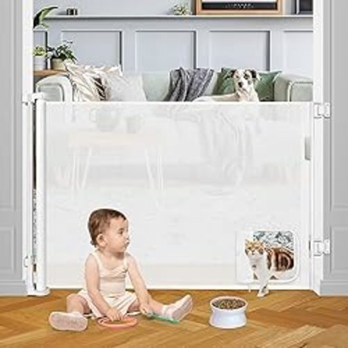 Retractable Baby Gate with Cat Door 55" Wide Baby Gate Indoor Retractable Dog Gate Outdoor Retractable Gate Pet Gates with Walk Through Door Gate Cat Gate for Doorway Baby Gate for Stairs, White - (35" Tall x 55" Wide)