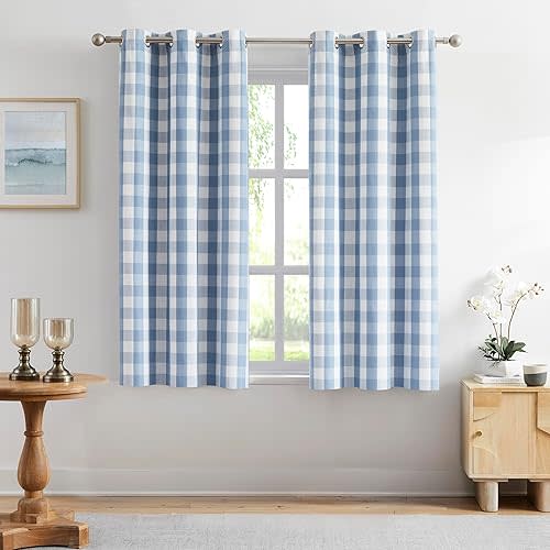 Amzdecor Buffalo Check Plaid Full Blackout Window Curtains 63 Inches Long for Bedroom Noise Reducing Total Room Darkening Grommet Drapes,Vintage Farmhouse Window Treatment,2 Panels,40"x63",Blue White